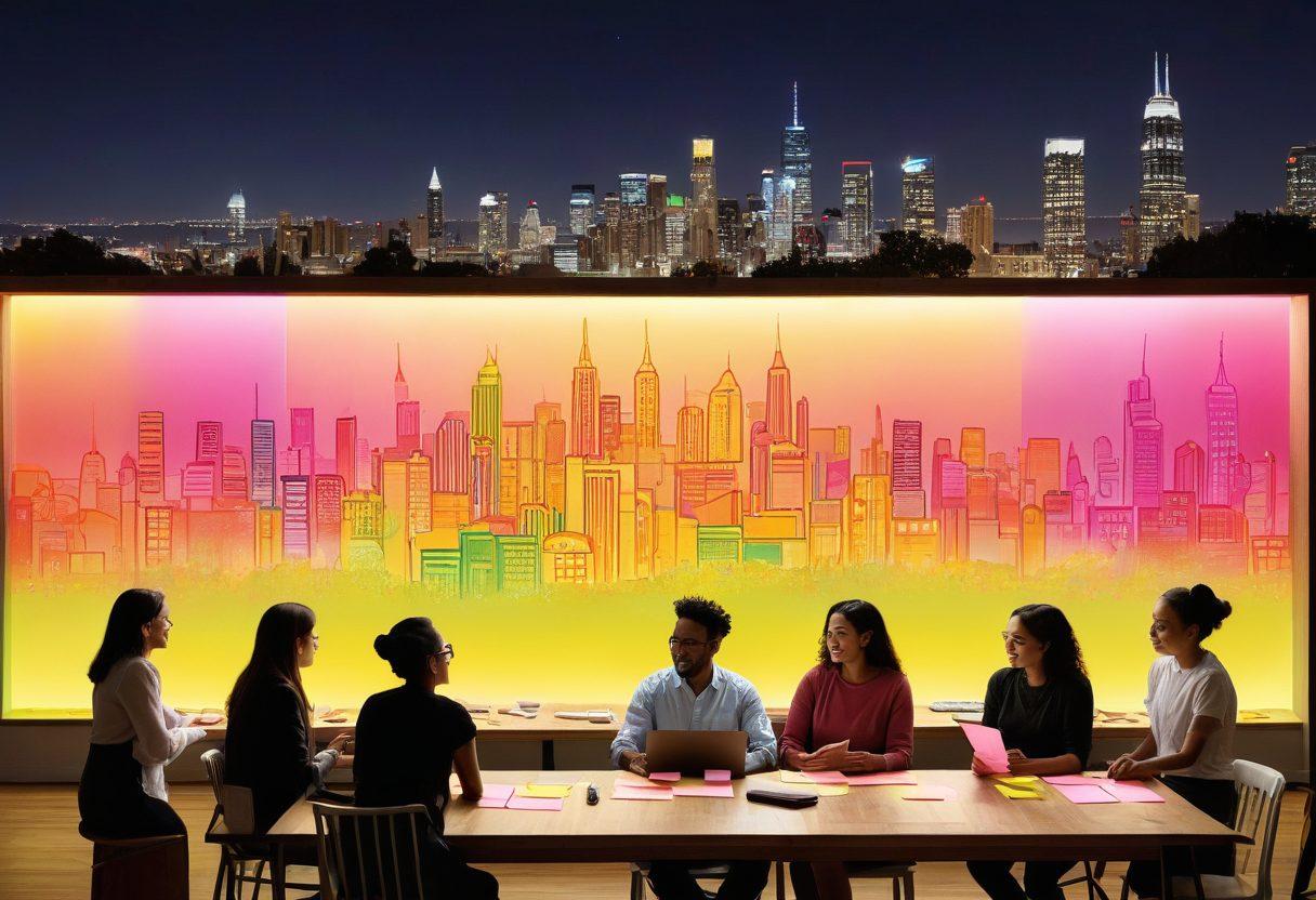 A diverse group of individuals gathered around a large table, passionately engaging in a discussion. Brightly colored sticky notes and laptops are scattered around, symbolizing the exchange of ideas. A glowing light bulb above them represents creativity and inspiration. The background features a mural of a city skyline, indicating community involvement. inclusive, collaborative, vibrant, friendly atmosphere. super-realistic. vibrant colors.